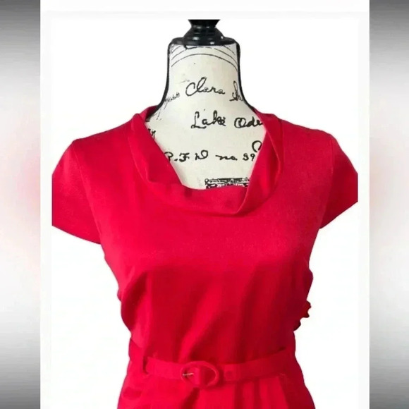 MERONA RED MIDI STRAIGHT DRESS CAP SLEEVES COWL NECK POCKETS SIZE 8 MEDIUM - Picture 4 of 13